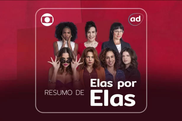 Lara, Taís, Helena, Adriana, Renée, Natália e Carol na arte de divulgação do resumo de Elas por Elas. Apenas Lara, Taís e Helena não estão sorrindo