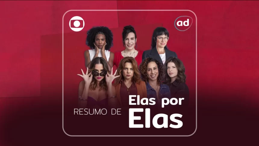 Lara, Taís, Helena, Adriana, Renée, Natália e Carol na arte de divulgação do resumo de Elas por Elas. Apenas Lara, Taís e Helena não estão sorrindo