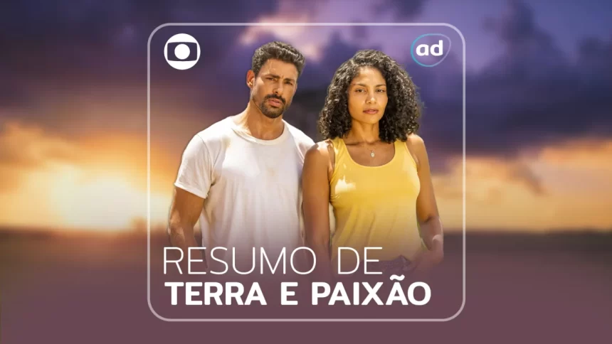 Cauã Reymond e Barbara Reis na arte de divulgação do resumo semanal da novela Terra e Paixão, da TV Globo