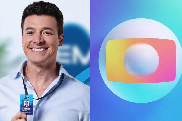 Rodrigo Faro de camisa social azul claro, segurando um crachá, sorrindo, durante gravação de publicidade; Logo oficial da TV Globo em 2023