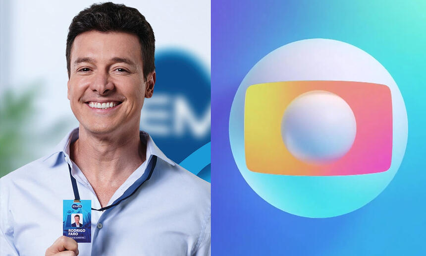 Rodrigo Faro de camisa social azul claro, segurando um crachá, sorrindo, durante gravação de publicidade; Logo oficial da TV Globo em 2023