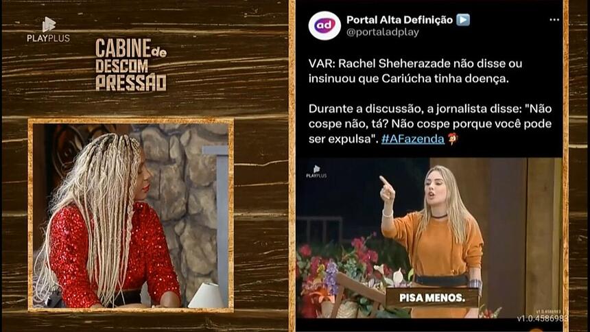 Divisão de tela da Cabine de Descompressão de A Fazenda 15, com Cariúcha e o vídeo do Portal Alta Definição