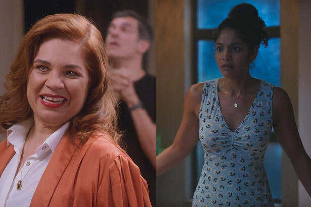 Helena (Isabel Teixeira) com semblante triste em cena da novela Elas por Elas dividindo tela com Aline (Barbara Reis) com semblante assustado em cena de Terra e Paixão. Ambas exibidas nesta terça-feira (17/10)