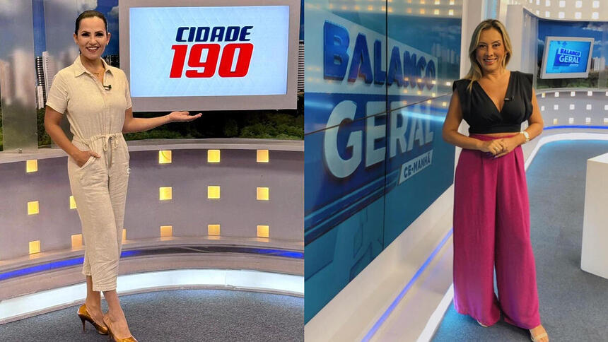 Montagem com duas imagens. Na primeira, Luciana Ribeiro está no cenário do Cidade 190. Na segunda, Katiúzia Rios está no cenário do Balanço Geral CE - Manhã, da TV Cidade Fortaleza