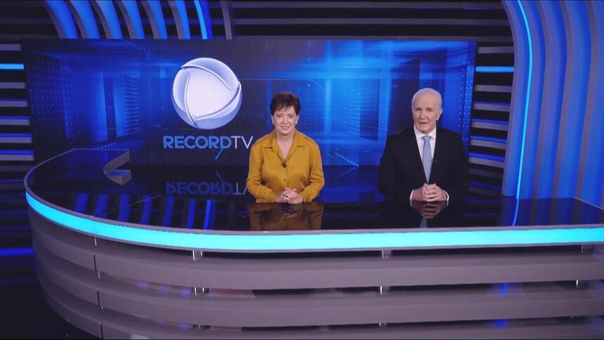 Logo da Record no telão do Jornal da Record