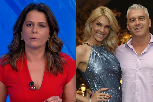 Adriana Araujo de camisa vermelha, cabelo ondulado, na bancada do Jornal da Band, sentada, falando sobre Ana Hickmann; Ana Hickmann de vestido prato brilhoso, sorrindo, ao lado do marido durante festa