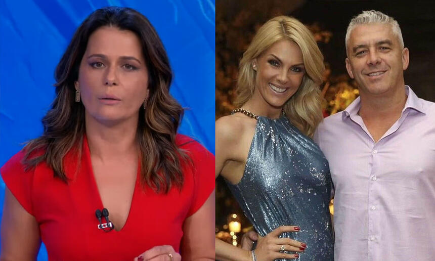 Adriana Araujo de camisa vermelha, cabelo ondulado, na bancada do Jornal da Band, sentada, falando sobre Ana Hickmann; Ana Hickmann de vestido prato brilhoso, sorrindo, ao lado do marido durante festa