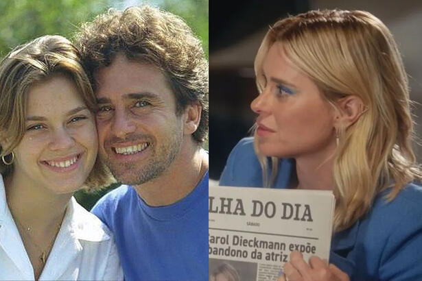 Carolina Dieckmann sorrindo ao lado de Marcos Frota em 2004; Imagem 2: Carolian Dieckmann segurando a capa do Folha do Dia durante entrevista para Angélica