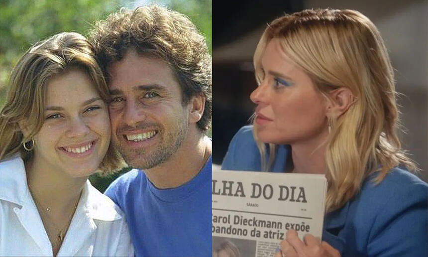 Carolina Dieckmann sorrindo ao lado de Marcos Frota em 2004; Imagem 2: Carolian Dieckmann segurando a capa do Folha do Dia durante entrevista para Angélica