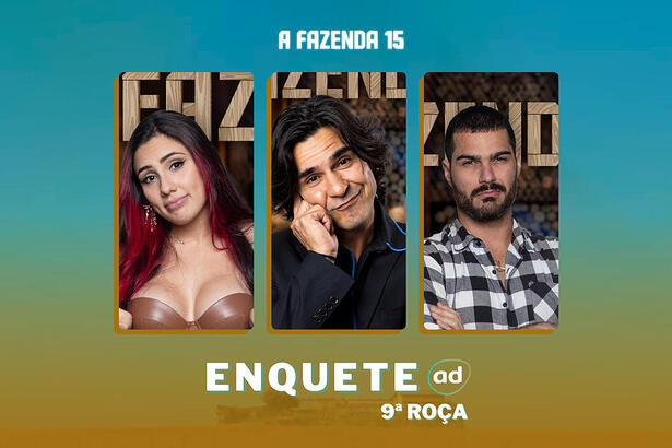 Alicia X, André Gonçalves e Shay na arte de da enquete da 9ª Roça de A Fazenda 15