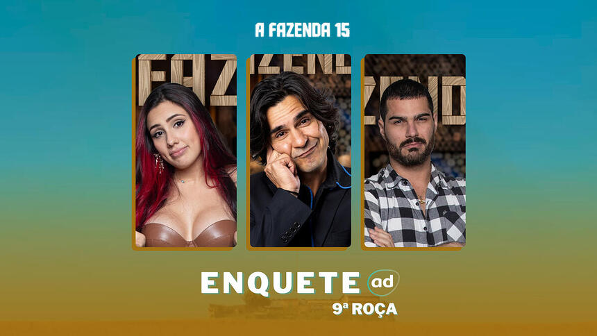 Alicia X, André Gonçalves e Shay na arte de da enquete da 9ª Roça de A Fazenda 15