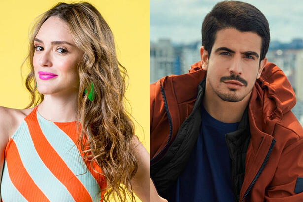 Imagem 1: Isabelle Drummond com camisa laranja listrada com branco, cabelo loiro, solto, usando brinco verde durante ensaio fotográfico; Imagem 2: Enzo Celulari com sobretudo marrom, camisa azul escura, com semblante sério, durante ensaio fotográfico