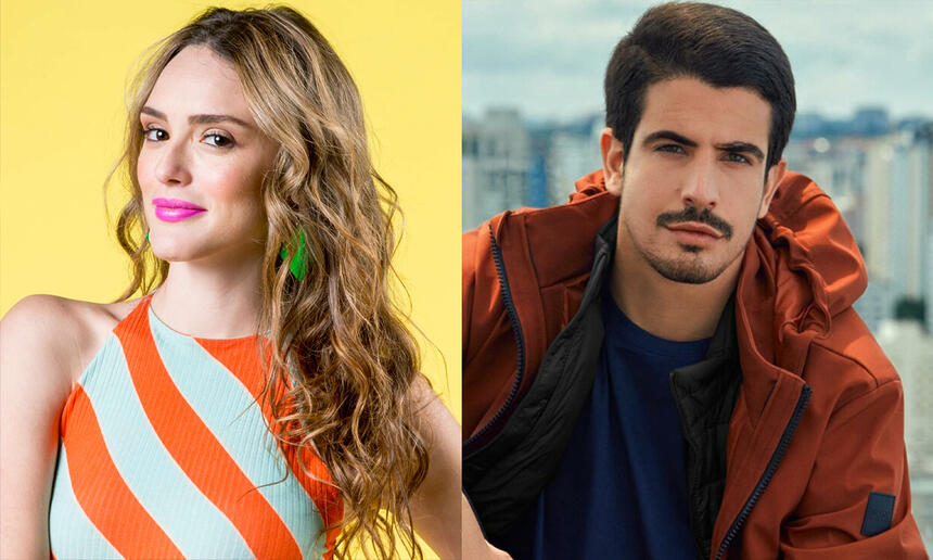 Imagem 1: Isabelle Drummond com camisa laranja listrada com branco, cabelo loiro, solto, usando brinco verde durante ensaio fotográfico; Imagem 2: Enzo Celulari com sobretudo marrom, camisa azul escura, com semblante sério, durante ensaio fotográfico