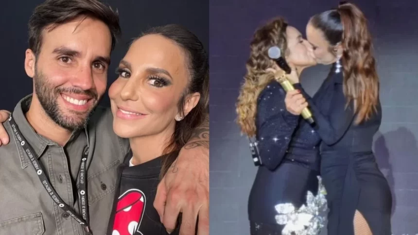 Ivete Sangalo de camisa preta e icon do Mickey, sorrindo, de cabelo presa, abraça do o marido; Imagem 2: Ivete beijando Daniela Mercury