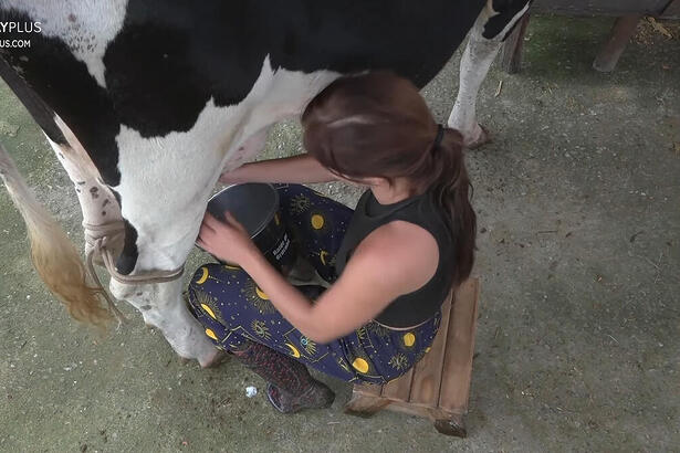 Jaquelline durante a ordenha da vaca em A Fazenda