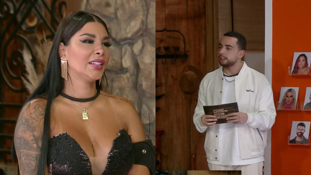 Jenny Miranda divide tela com Lucas Selfie, que olha para ela espantado com a resposta sobre o vencedor de A Fazenda 15