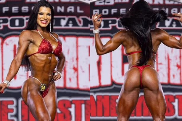 Juliane Almeida de biquini vermelho, sorrindo, em pé, de salto vermelho, em posição durante competição