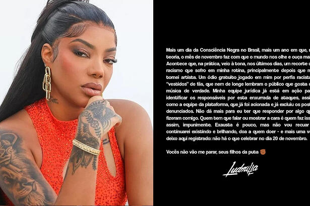 Imagem 1: Ludmilla de camisa laranja, pulseira de brilhantes, lace de cabelo preto, liso, com semblante sério; Imagem 2: pronunciamento de Ludmilla