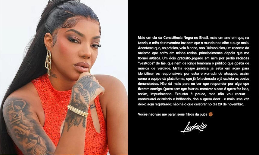 Imagem 1: Ludmilla de camisa laranja, pulseira de brilhantes, lace de cabelo preto, liso, com semblante sério; Imagem 2: pronunciamento de Ludmilla