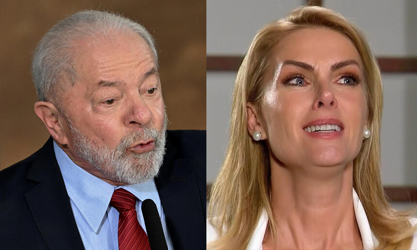 Lula com palitó preto e gravata vermelha, em frente a um microfone, fazendo bico enquanto gesticula no pulpito; Ana Hickman chorando durante entrevista a Record