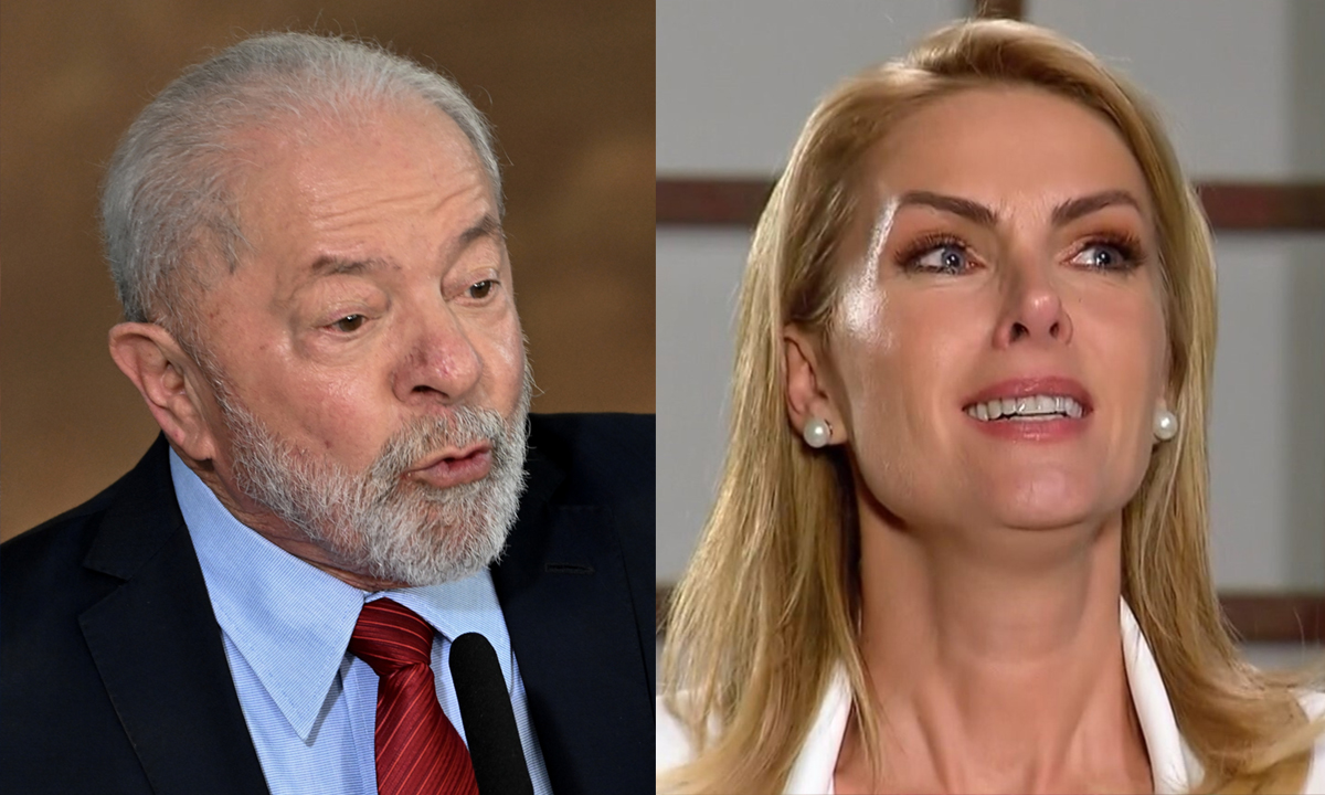 Lula com palitó preto e gravata vermelha, em frente a um microfone, fazendo bico enquanto gesticula no pulpito; Ana Hickman chorando durante entrevista a Record