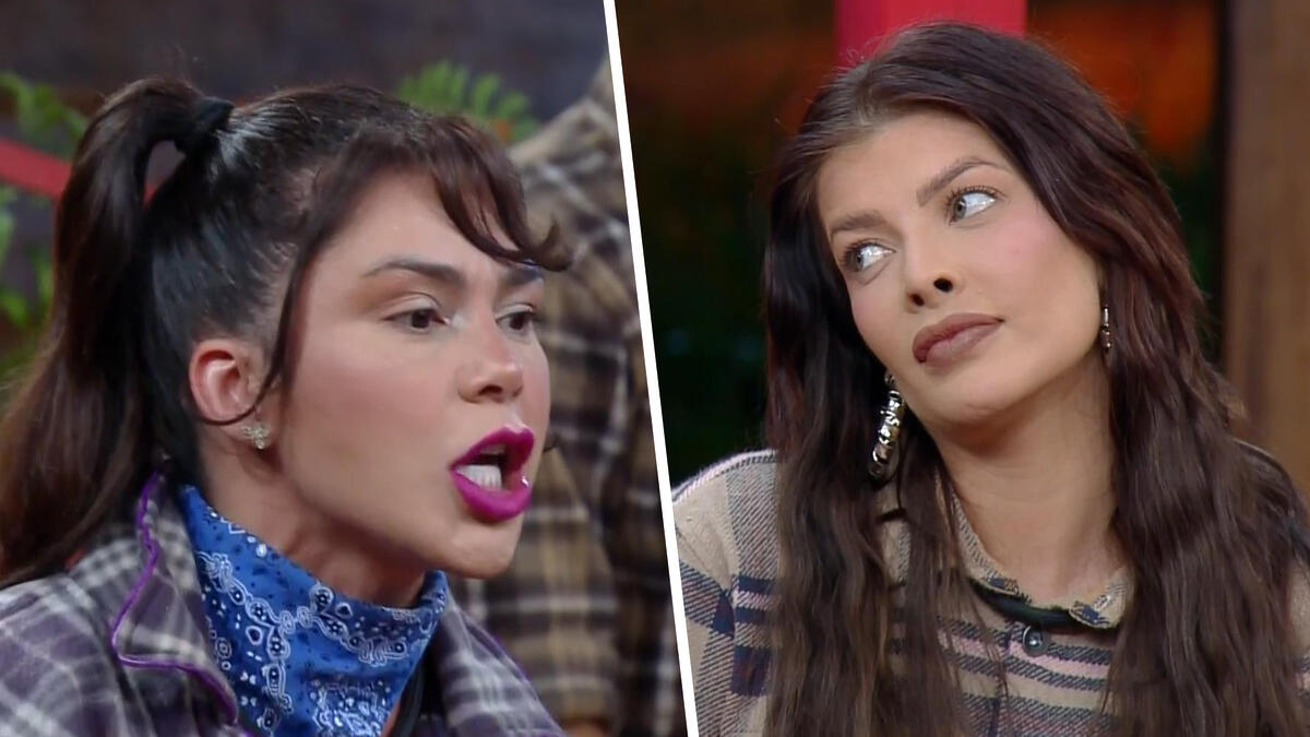 Montagem com Nadja abrindo a boca e Jaquelline olhando de lado durante a formação da 10ª Roça de A Fazenda 15