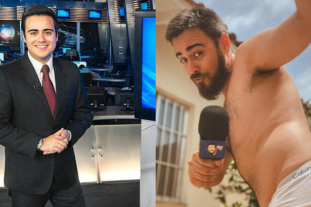 Repórter Rafael Machado no estúdio do Programa do Gugu na Record e em foto apenas de cueca