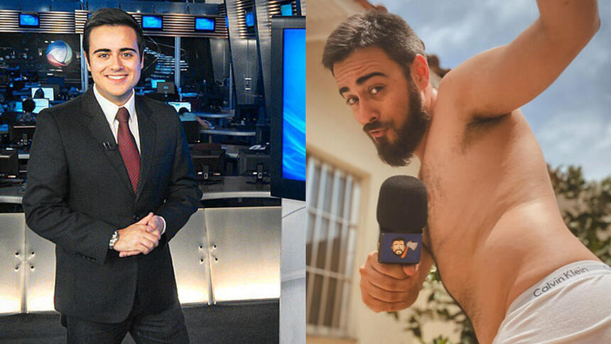 Repórter Rafael Machado no estúdio do Programa do Gugu na Record e em foto apenas de cueca