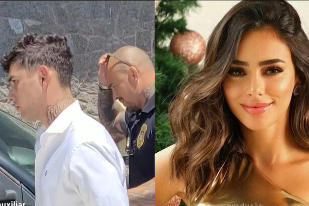 Montagem com suspeito de invadir a casa de Bruna Biancardi sendo levado pela polícia de São Paulo. Na segunda imagem, a noiva de Neymar aparece sorrindo