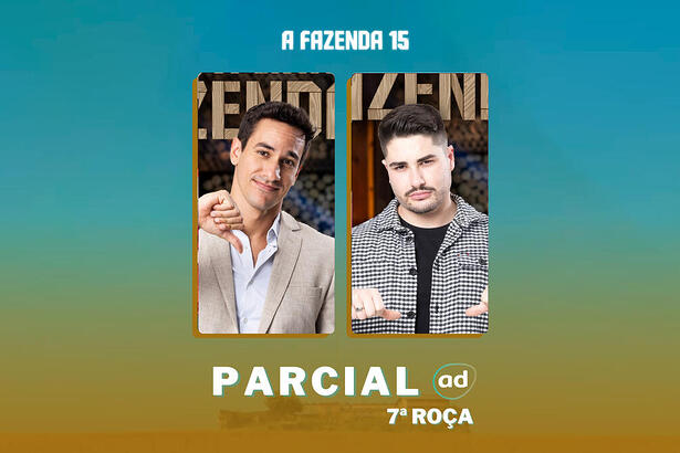 Henrique e Lucas na arte da enquete de parcial da 7ª roça em A Fazenda 15