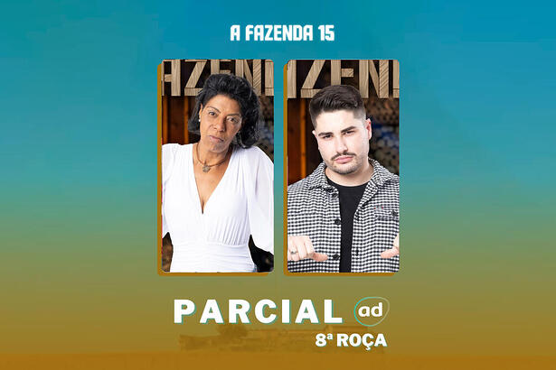 Marcia Fu e Lucas na arte da enquete de parcial da 8ª roça em A Fazenda 15