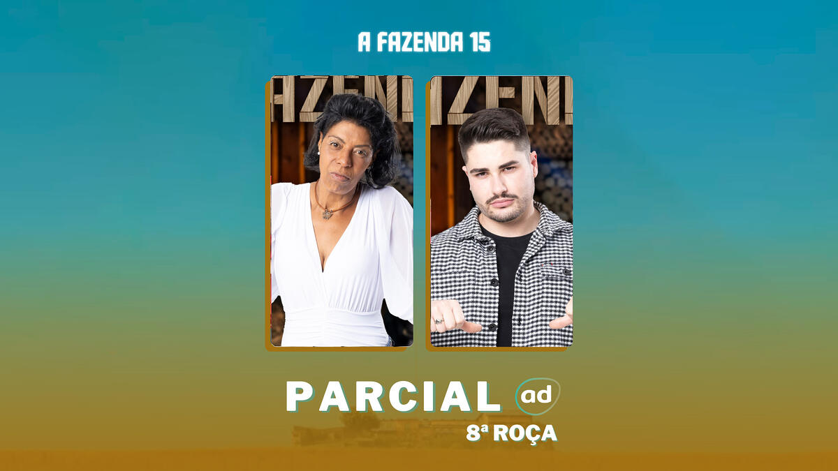 Marcia Fu e Lucas na arte da enquete de parcial da 8ª roça em A Fazenda 15