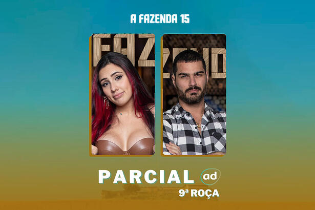 Alicia e Shay na arte da enquete de parcial da 9ª roça em A Fazenda 15