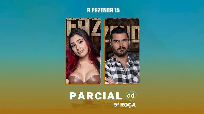 Alicia e Shay na arte da enquete de parcial da 9ª roça em A Fazenda 15