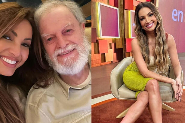 Patricia Poeta sorrindo ao lado do pai; Imagem 2: Patricia Poeta sentada numa cadeira, no estudio do encontro, de vestido verde, decotado, cabelo encaracolado, sorrindo, durante gravação