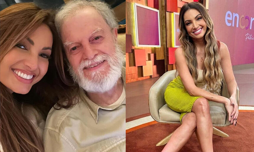 Patricia Poeta sorrindo ao lado do pai; Imagem 2: Patricia Poeta sentada numa cadeira, no estudio do encontro, de vestido verde, decotado, cabelo encaracolado, sorrindo, durante gravação