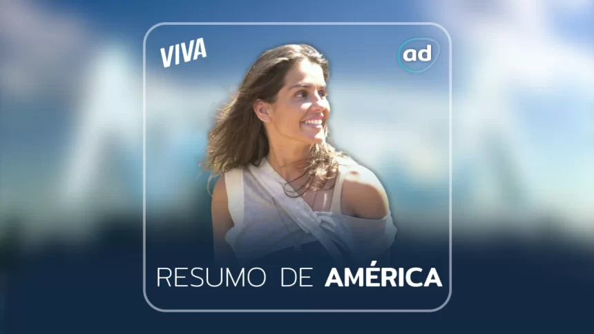 Sol (Deborah Secco) sorrindo na arte de divulgação do resumo da novela América