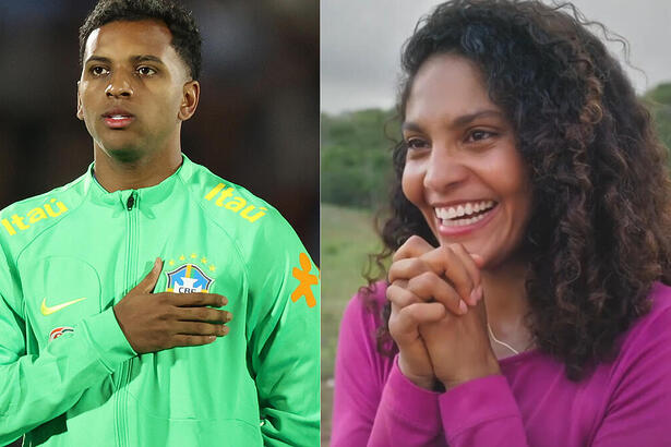 Atacante Rodrygo e atriz Barbara Reis, em Terra e Paixão, em uma montagem