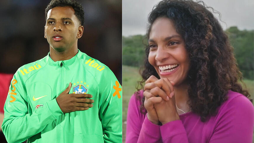 Atacante Rodrygo e atriz Barbara Reis, em Terra e Paixão, em uma montagem