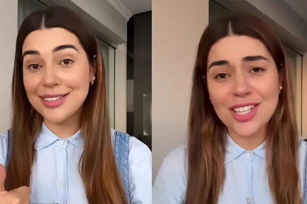 Vivian Amorim de camisa azul bebê, cabelo liso, solto, gravando stories para o Instagram