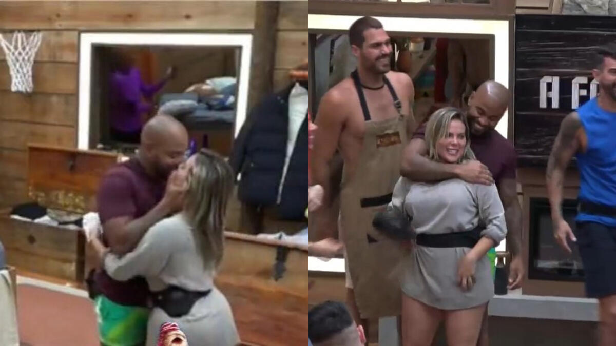 Montagem com Cezar Black e Kally se beijando em A Fazenda 15