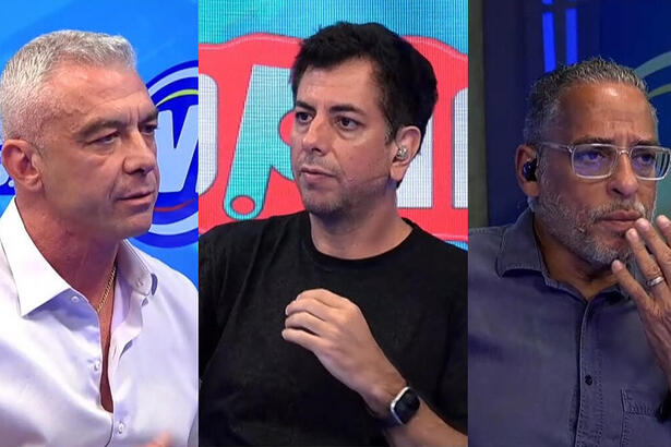 montagem com Marcelo Barbur, Barthô Xavier e Arthur Pires durante entrevista na Metropolitana FM