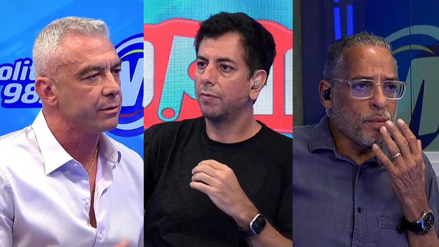 montagem com Marcelo Barbur, Barthô Xavier e Arthur Pires durante entrevista na Metropolitana FM