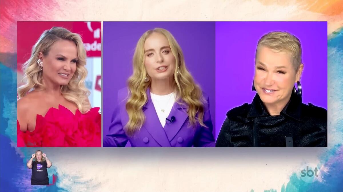 Eliana divide tela com Angélica e Xuxa.no Teleton 2023. As três estão sorrindo