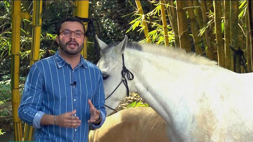 Pedro Málaga na frente de um cavalo em reportagem do Globo Rural