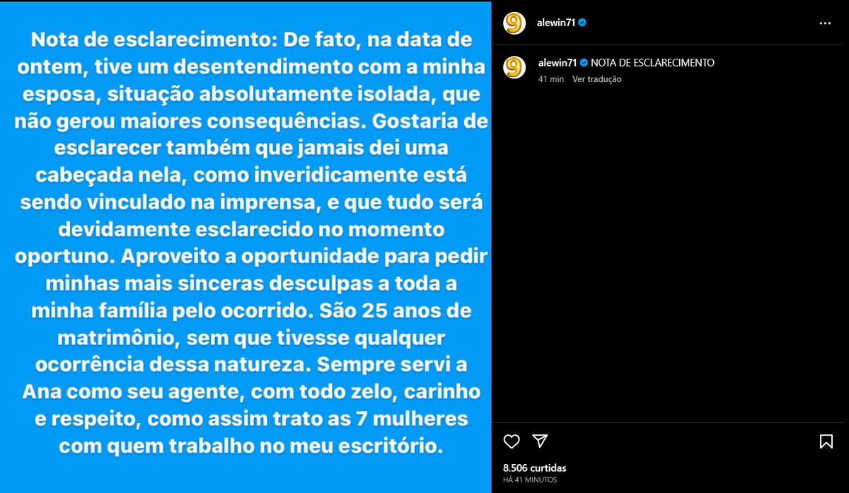 Nota de esclarecimento do marido de Ana Hickmann