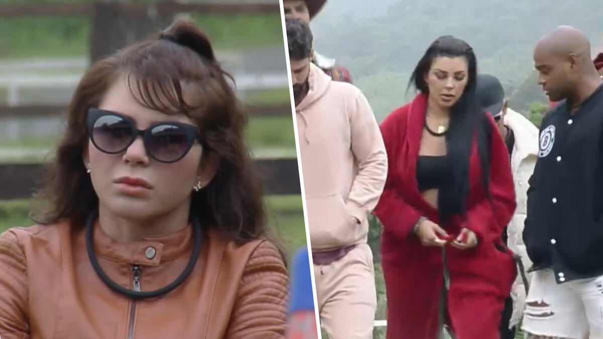 Nadja de óculos escuro e Jenny de roupão durante a delegação das atividades de A Fazenda 15