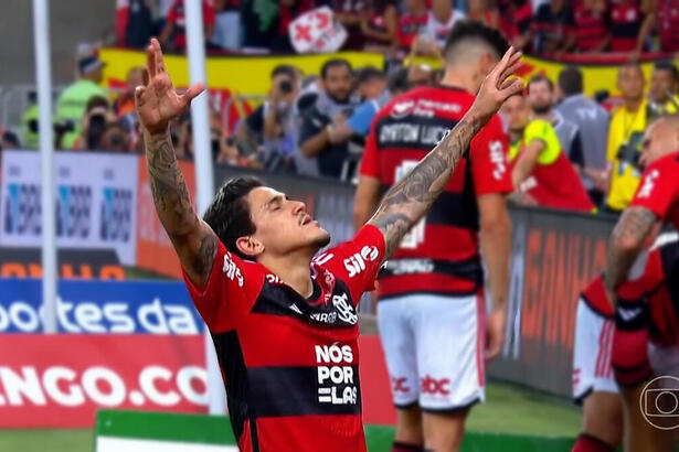 Pedro comemora gol do Flamengo contra o Palmeiras em transmissão da TV Globo