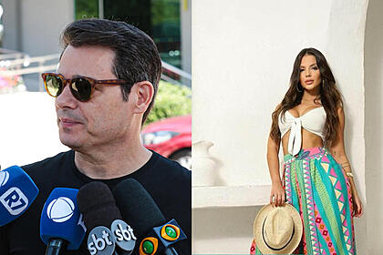 Montagem com duas imagens. Na primeira, Celso Portiolli concede entrevista em frente ao velório. Na segunda, Luana Andrade veste moda praia