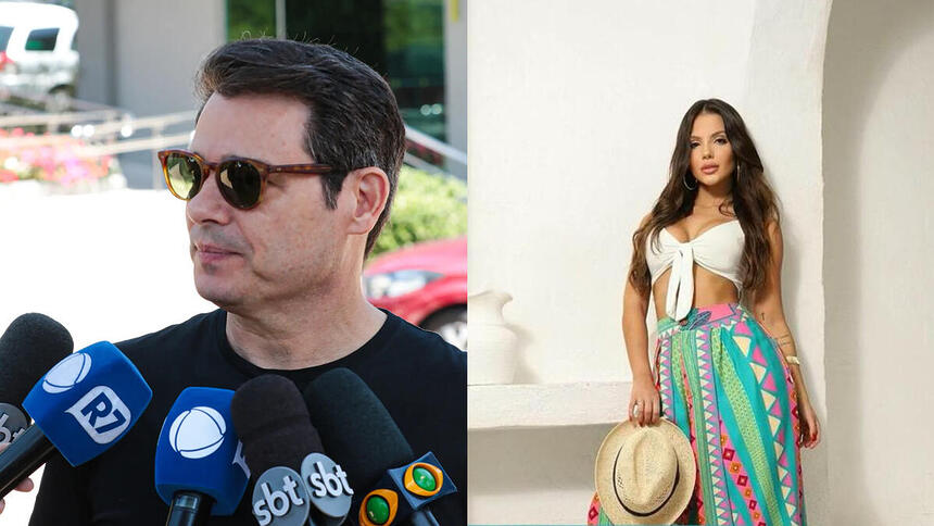 Montagem com duas imagens. Na primeira, Celso Portiolli concede entrevista em frente ao velório. Na segunda, Luana Andrade veste moda praia